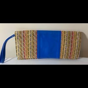 Blue Faux Leather and Woven Clutch